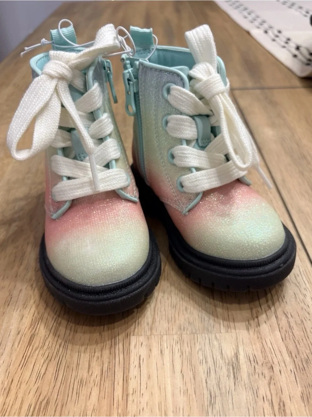 Cat & Jack Girls Pastel Ombre Glitter Lace-Up Boots - Mint, Pink & White